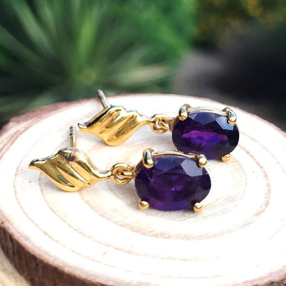Natural Amethyst Gold Plated Earrings Post Dangles - Picture 3 of 15